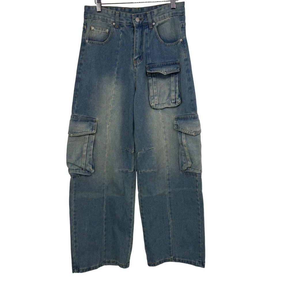 Decency Concept Womens Wide Leg Barrel Cargo Jeans Size 29 Medium Wash High Rise